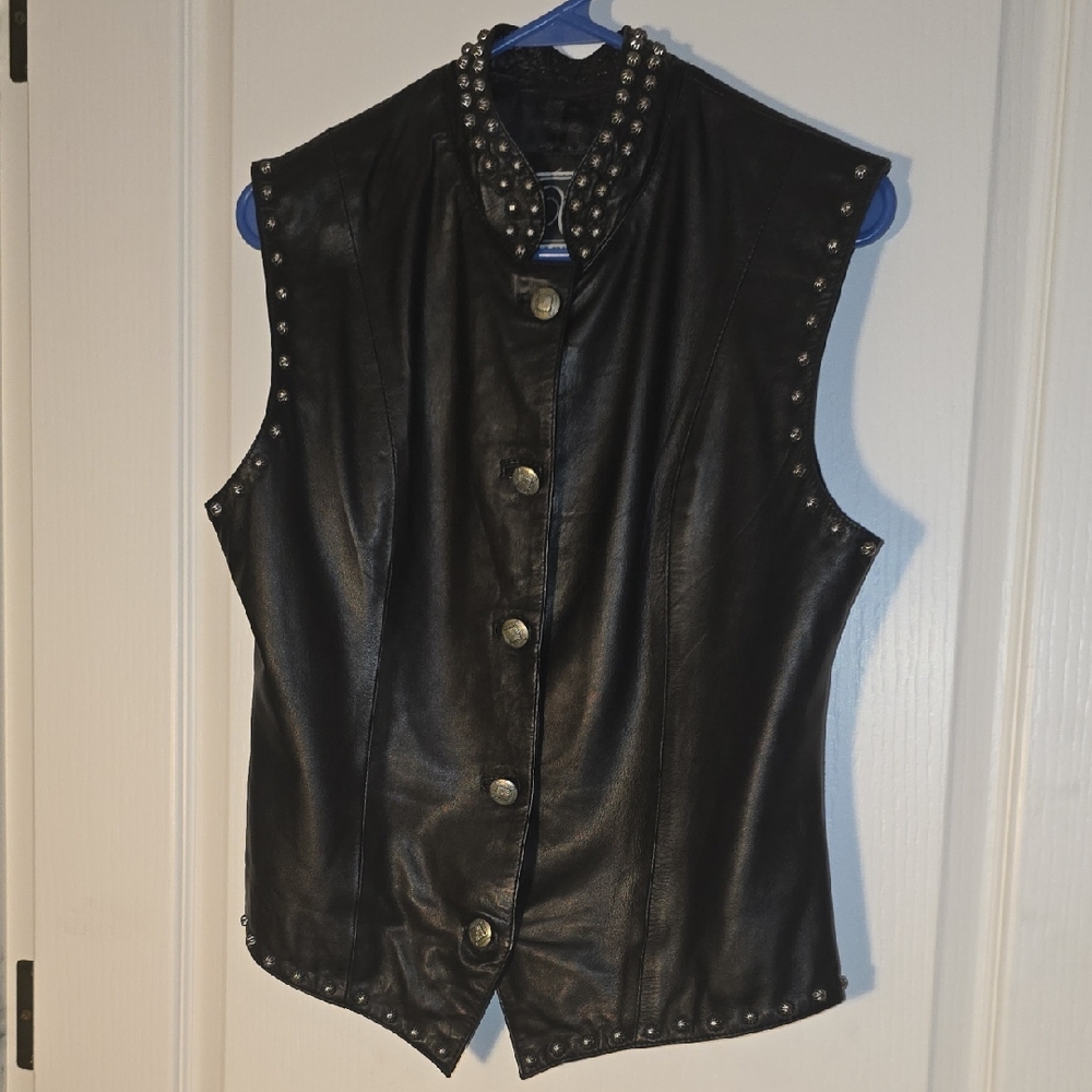 Studded Soft Black Leather Vest Ladies M